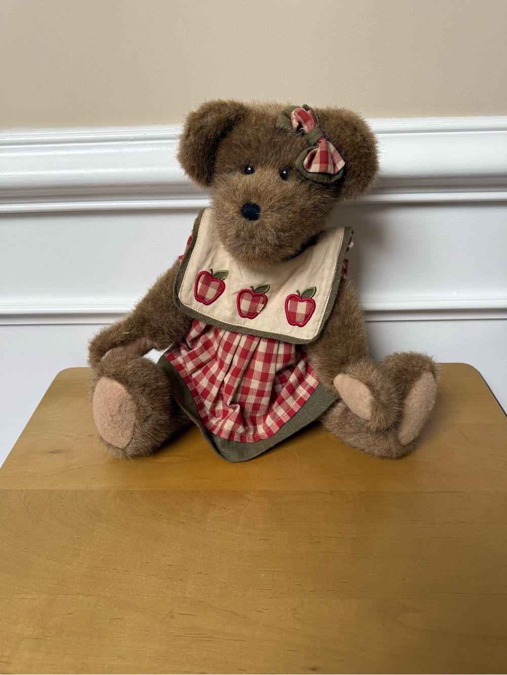 Boyds Bears Brown Teddy in Red Plaid Dress with Apple Bib